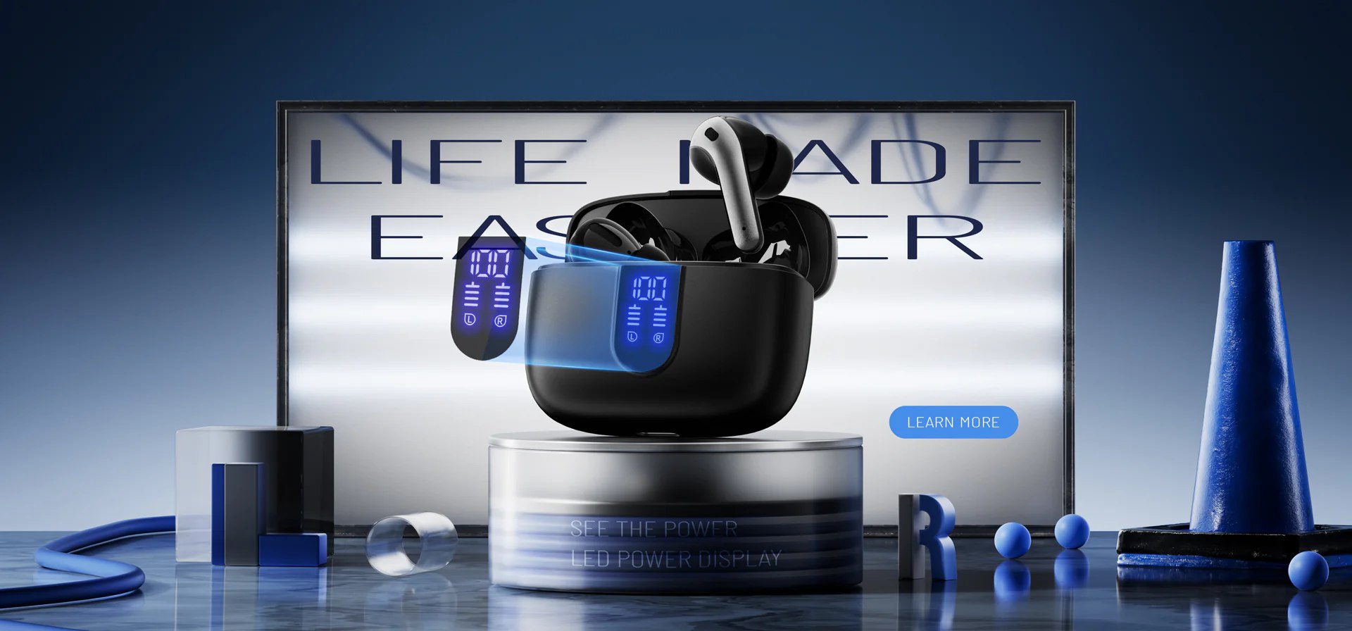 Wireless earbuds with LED display on case